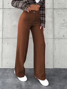SHEIN Tall Solid Color Toothpick Striped Design Wide Leg Office Business Autumn Pants Coffee Brown Casual - Rust Brown - View 6
