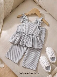 SHEIN LMoss Kids Babygirl Summer Cute Green Striped Camisole Top And Elastic Waist Pants Set - Green - View 1