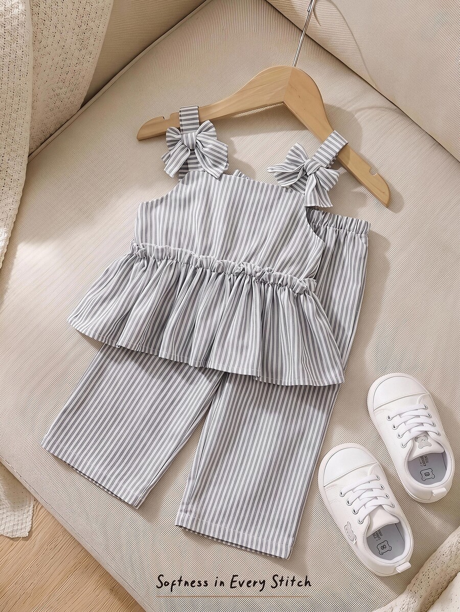 SHEIN LMoss Kids Babygirl Summer Cute Green Striped Camisole Top And Elastic Waist Pants Set - Green - View 1
