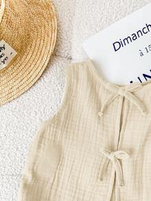 SHEIN LMoss Kids 女宝宝可爱夏季休闲百搭蝴蝶结背心 - 米色 - 查看 4