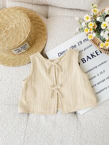 SHEIN LMoss Kids 女宝宝可爱夏季休闲百搭蝴蝶结背心 - 米色 - 查看 3
