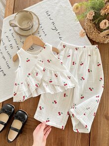 SHEIN LMoss Kids 女婴樱桃印花上衣和打底裤两件套 - 彩色 - 查看 1