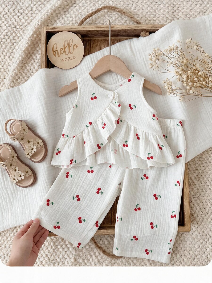 SHEIN LMoss Kids 2pcs Baby Girl Cherry Print Top & Legging Set - Multicolor - View 1