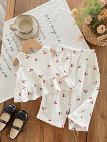 SHEIN LMoss Kids 女婴樱桃印花上衣和打底裤两件套 - 彩色 - 查看 3