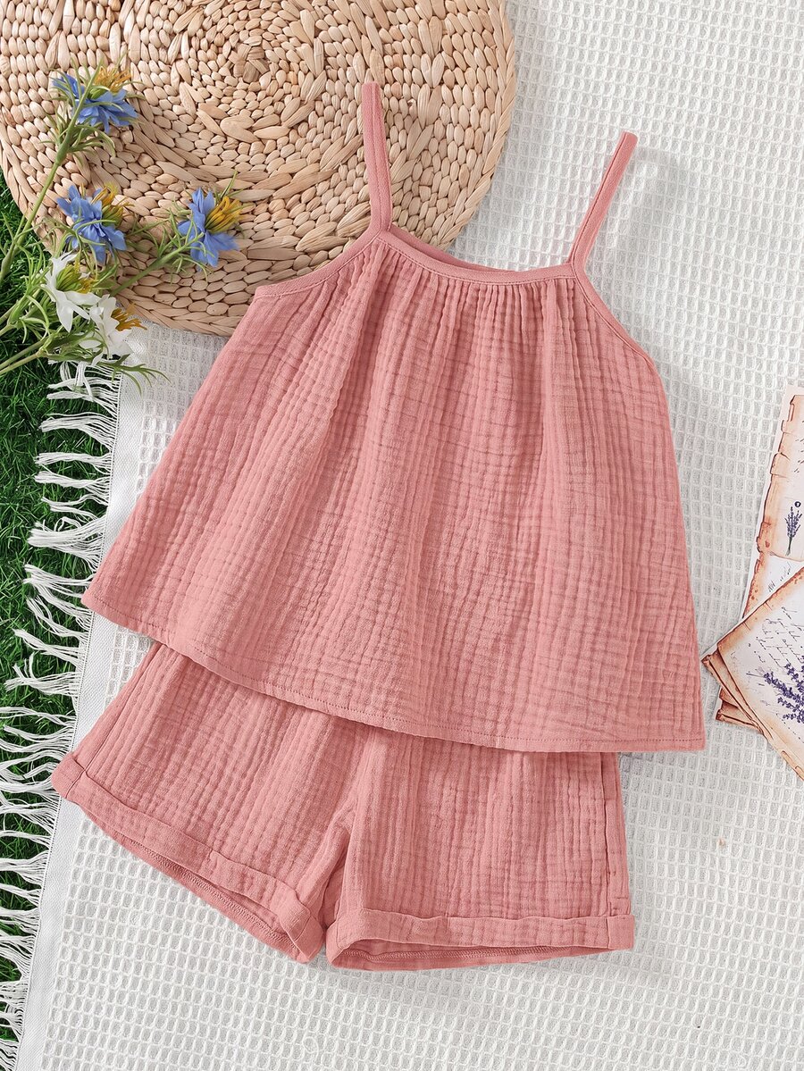 SHEIN LMoss Kids 2pcs Young Girl Summer Casual Loose Spaghetti Strap Camisole Tank Top And Ruffle Hem Shorts Set - Pink - View 1