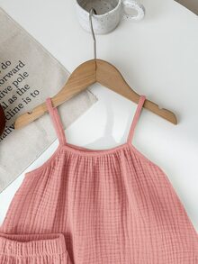 SHEIN LMoss Kids 2pcs Young Girl Summer Casual Loose Spaghetti Strap Camisole Tank Top And Ruffle Hem Shorts Set - Pink - View 3