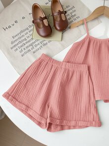 SHEIN LMoss Kids 2pcs Young Girl Summer Casual Loose Spaghetti Strap Camisole Tank Top And Ruffle Hem Shorts Set - Pink - View 4