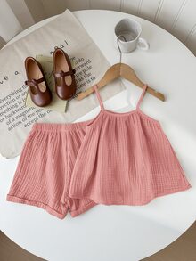 SHEIN LMoss Kids 2pcs Young Girl Summer Casual Loose Spaghetti Strap Camisole Tank Top And Ruffle Hem Shorts Set - Pink - View 2