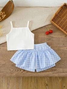 SHEIN LMoss Kids 2pcs Baby Girl Knitted Solid Color Cherry Embroidery Camisole And Woven Shorts Set - Multicolor - View 3