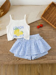 SHEIN LMoss Kids 2pcs Baby Girl Knitted Solid Color Cherry Embroidery Camisole And Woven Shorts Set - Multicolor - View 2