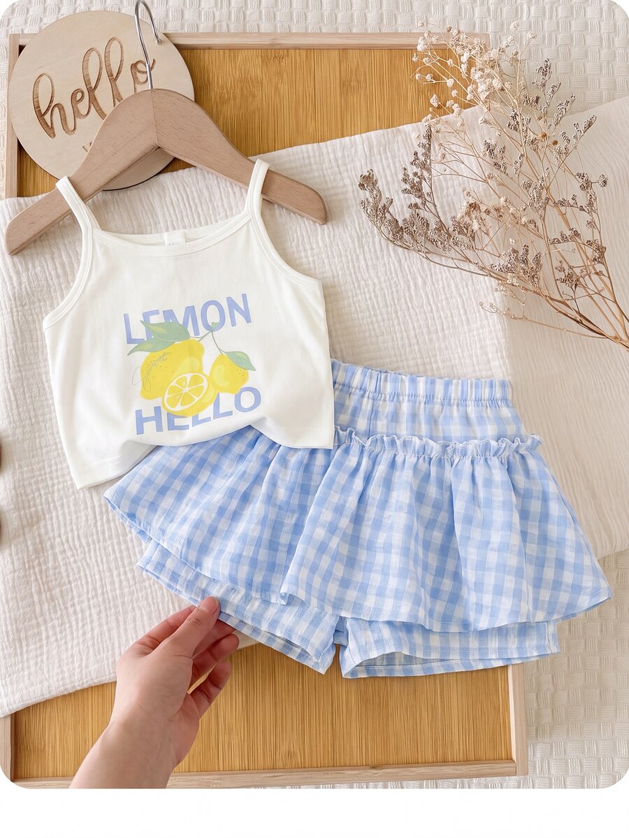 SHEIN LMoss Kids 2pcs Baby Girl Knitted Solid Color Cherry Embroidery Camisole And Woven Shorts Set - Multicolor - View 1