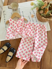 SHEIN LMoss Kids 2件組女嬰櫻桃印花梭織背心與褲子套裝 - 粉色 - 查看 3