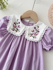 SHEIN LMoss Kids 女婴优雅可爱夏季撞色碎花紫色蝴蝶结领宽松连衣裙 - 彩色 - 查看 5