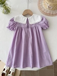 SHEIN LMoss Kids 女婴优雅可爱夏季撞色碎花紫色蝴蝶结领宽松连衣裙 - 彩色 - 查看 2
