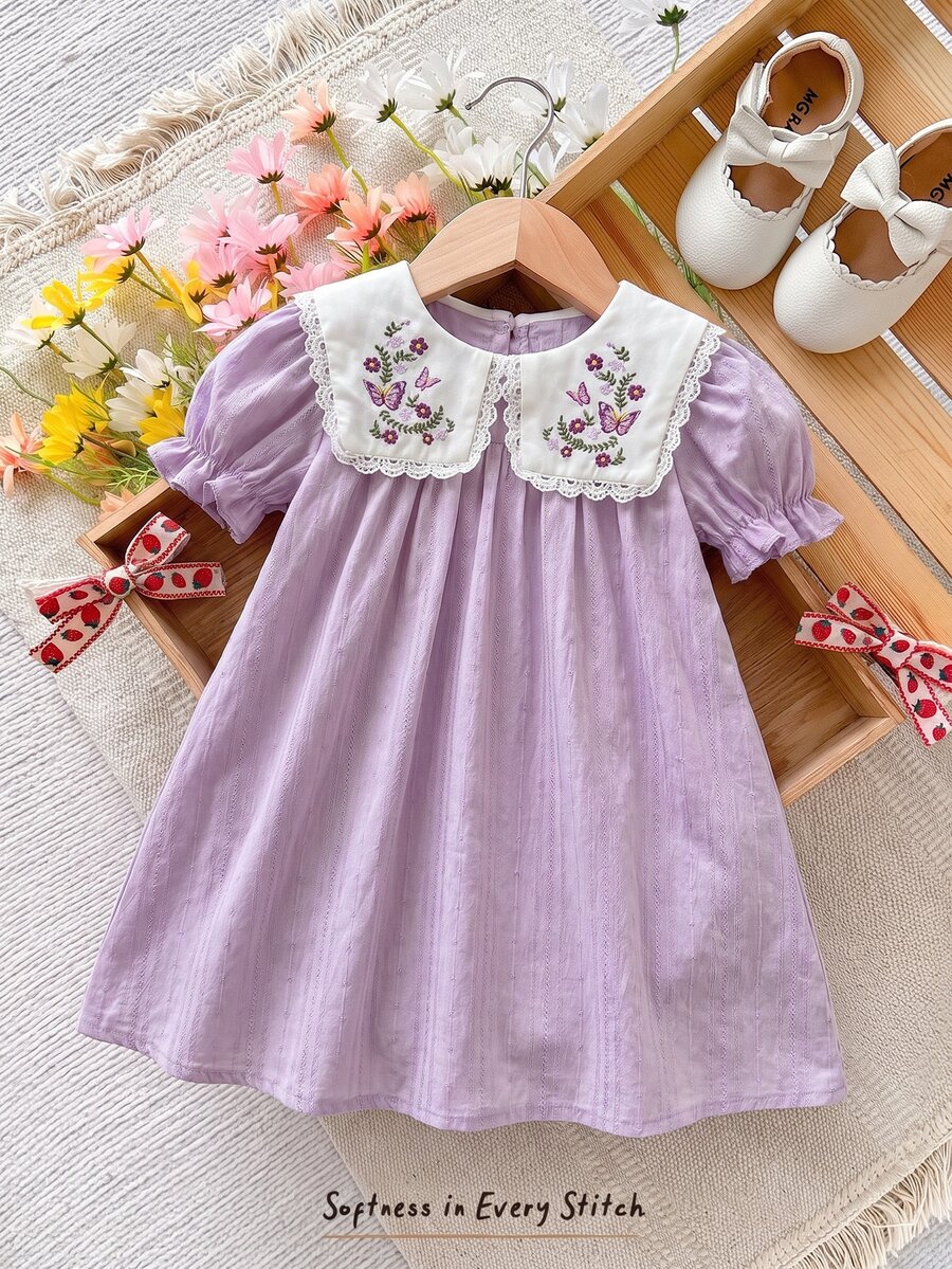 SHEIN LMoss Kids 女婴优雅可爱夏季撞色碎花紫色蝴蝶结领宽松连衣裙 - 彩色 - 查看 1