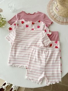 SHEIN LMoss Kids 6件套女婴可爱草莓图案荷叶边圆领短袖短裤针织睡衣套装，柔软舒适夏季睡衣 - 彩色 - 查看 3