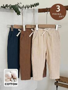SHEIN LMoss Kids Baby Boy Woven Solid Color Fitted Casual Bottoms 3 Pieces Set - Multicolor - View 4