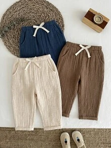 SHEIN LMoss Kids Baby Boy Woven Solid Color Fitted Casual Bottoms 3 Pieces Set - Multicolor - View 6