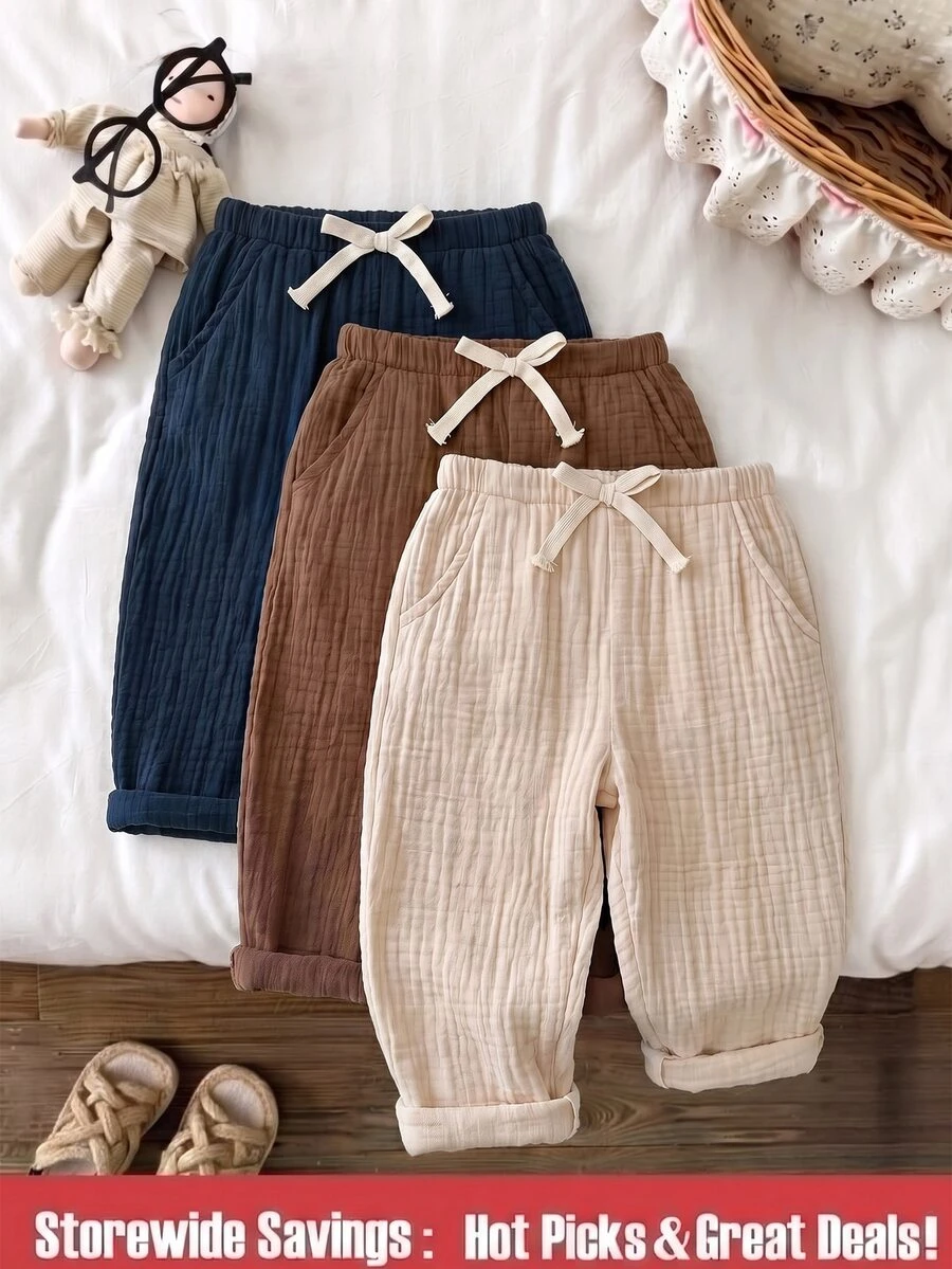 SHEIN LMoss Kids Baby Boy Woven Solid Color Fitted Casual Bottoms 3 Pieces Set - Multicolor - View 1