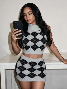 BamGleam Mistrie Vintage British Style Argyle Knit Set, Half-High Neck Asymmetrical Button Sleeveless Vest & Fitted Bodycon Skirt 2 Pieces Set, Autumn Fall Win - Grey - View 2