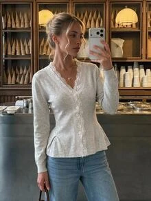 Serisse Women's Fall Elegant Contrast Lace Trim V-Neck Button Front Slim Fitted Peplum Hem Cardigan, Romantic Going Out Knit Sweater Top - Light Grey - View 7