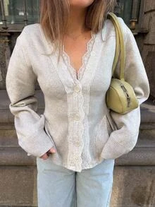 Serisse Women's Fall Elegant Contrast Lace Trim V-Neck Button Front Slim Fitted Peplum Hem Cardigan, Romantic Going Out Knit Sweater Top - Light Grey - View 1