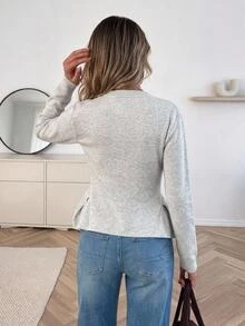Serisse Women's Fall Elegant Contrast Lace Trim V-Neck Button Front Slim Fitted Peplum Hem Cardigan, Romantic Going Out Knit Sweater Top - Light Grey - View 2