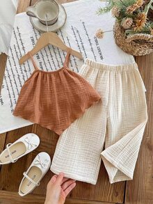 SHEIN LMoss Kids LMoss 2pcs Baby Girl Woven Solid Color Camisole Top And Long Pants Set, Baby Girl - Multicolor - View 3