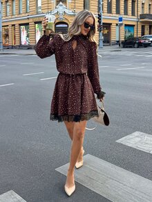 SHEIN Frenchy 女款優雅浪漫波點圖案繫帶領蕾絲下擺拼接短洋裝，秋季夜生活早午餐約會之夜，棕色荷葉邊下擺 - 彩色 - 查看 4