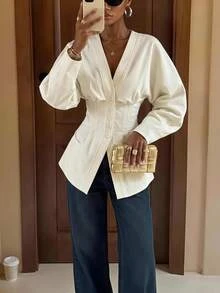 SHEIN Tall White Woven Women's Casual Blazer - White - View 5