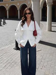 SHEIN Tall White Woven Women's Casual Blazer - White - View 2