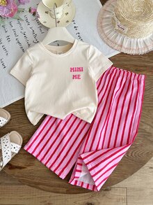 SHEIN LMoss Kids 2pcs Baby Girl Knitted Solid Color Letter Pattern Loose Casual T-Shirt And Striped Loose Pants Set - Multicolor - View 2