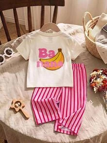 SHEIN LMoss Kids 2pcs Baby Girl Knitted Solid Color Letter Pattern Loose Casual T-Shirt And Striped Loose Pants Set - Multicolor - View 1