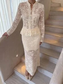 Serisse Women's Solid Lace Mandarin Collar Frog Button Long Sleeve Top & Bodycon Skirt Set Elegant New Chinese Style Outfits For Wedding Guest Work - Apricot - View 6