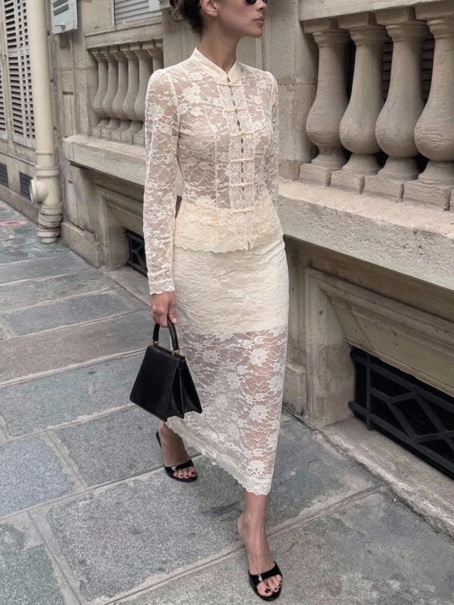 Serisse Women's Solid Lace Mandarin Collar Frog Button Long Sleeve Top & Bodycon Skirt Set Elegant New Chinese Style Outfits For Wedding Guest Work - Apricot - View 1