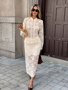 Serisse Women's Solid Lace Mandarin Collar Frog Button Long Sleeve Top & Bodycon Skirt Set Elegant New Chinese Style Outfits For Wedding Guest Work - Apricot - View 8