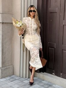Serisse Women's Solid Lace Mandarin Collar Frog Button Long Sleeve Top & Bodycon Skirt Set Elegant New Chinese Style Outfits For Wedding Guest Work - Apricot - View 7