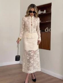 Serisse Women's Solid Lace Mandarin Collar Frog Button Long Sleeve Top & Bodycon Skirt Set Elegant New Chinese Style Outfits For Wedding Guest Work - Apricot - View 3