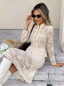 Serisse Women's Solid Lace Mandarin Collar Frog Button Long Sleeve Top & Bodycon Skirt Set Elegant New Chinese Style Outfits For Wedding Guest Work - Apricot - View 5
