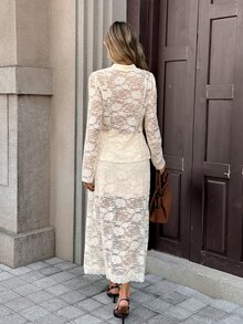 Serisse Women's Solid Lace Mandarin Collar Frog Button Long Sleeve Top & Bodycon Skirt Set Elegant New Chinese Style Outfits For Wedding Guest Work - Apricot - View 2