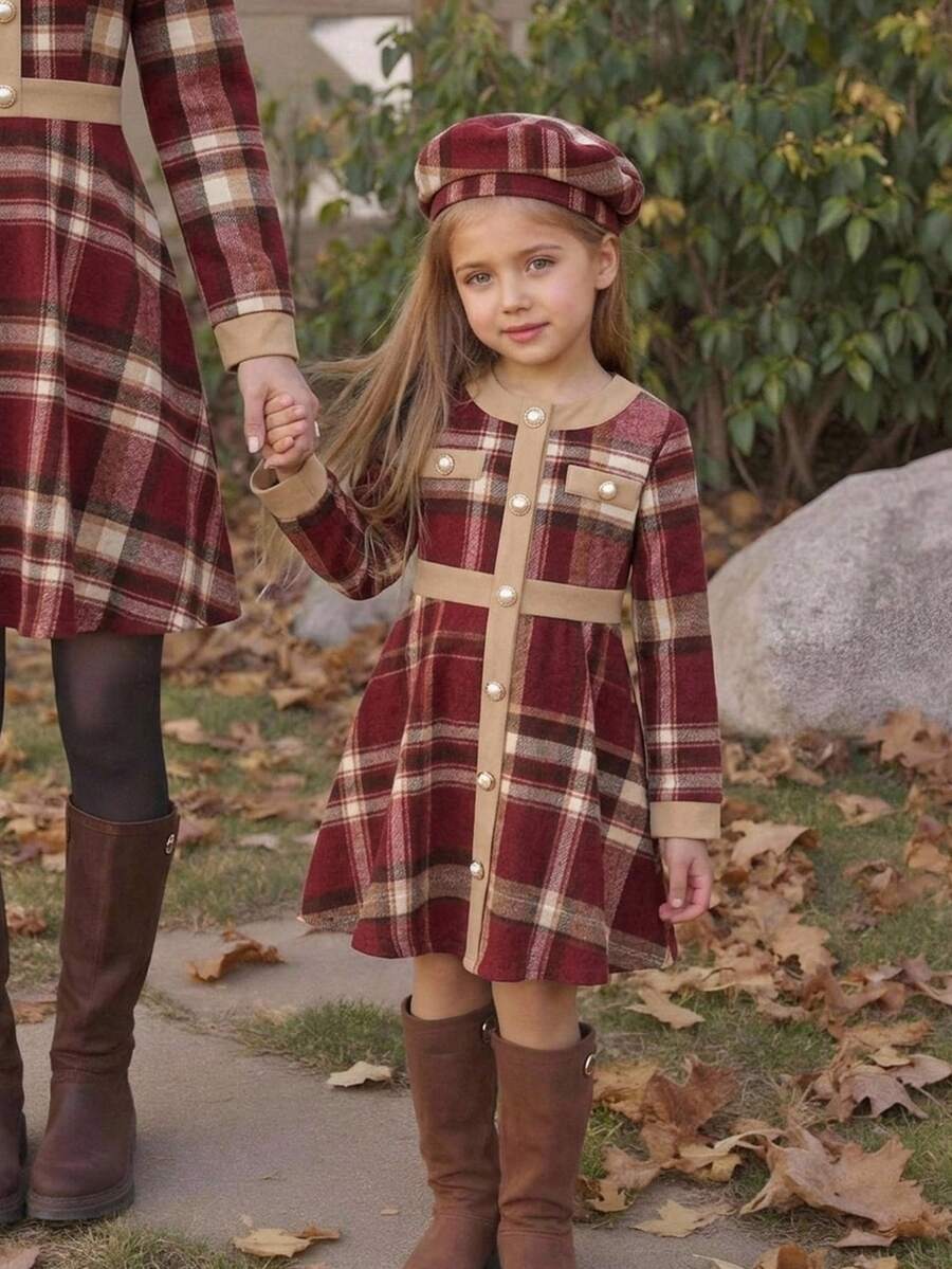 SHEIN Girls' Red Plaid Colorblock Long Sleeve Dress With Pearl Button Decor - Red - View 1