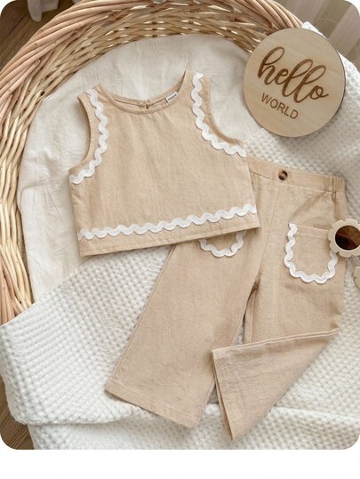 SHEIN 2-Piece Cute Baby Girl Khaki Vest And Trousers Set With Ribbon,Denim And White,Summer,Casual,Vacation Outfit For Birthday,Wedding & Everyday Wear
