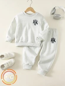 SHEIN Kids Unisex Young Boy/Girl Crew Neck Letter Graphic Long Sleeve Sweatshirt & Casual Loose Sweatpants Set Autumn/Winter Winter Outfit Set, Tracksuit - Grey - View 6