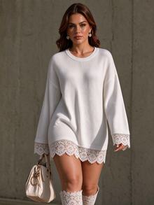 Linhara CURVE Vintage Romantic Hollow Lace Patchwork Loose Knit Plus Size Pullover Sweater Winter - White - View 1