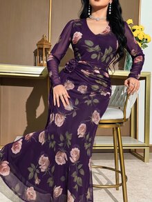Modelyn 大尺碼深紫色花卉印花百褶 3D 花朵裝飾長袖婚禮晚宴禮服 正式晚餐主題派對 秋季星空優雅風 - 紫色 - 查看 3