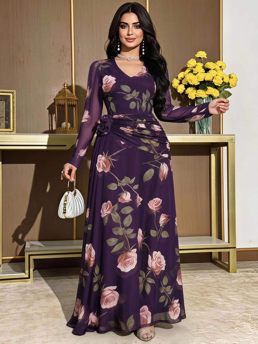 Modelyn 大尺碼深紫色花卉印花百褶 3D 花朵裝飾長袖婚禮晚宴禮服 正式晚餐主題派對 秋季星空優雅風 - 紫色 - 查看 1