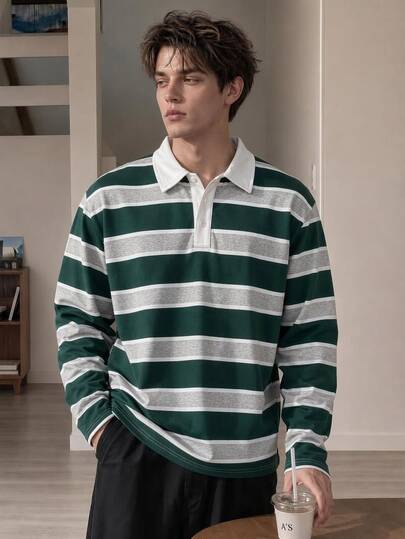Resyla Men 男士拼色條紋長袖 Polo 衫
