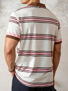 Resyla Men Fashionable Blue And White Striped Print Men's Short Sleeve Polo Shirt For Leisure Back-To-School Summer Casual Going Out Graduation Holiday Vacation - Multicolor - View 2