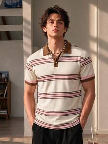 Resyla Men Fashionable Blue And White Striped Print Men's Short Sleeve Polo Shirt For Leisure Back-To-School Summer Casual Going Out Graduation Holiday Vacation - Multicolor - View 1