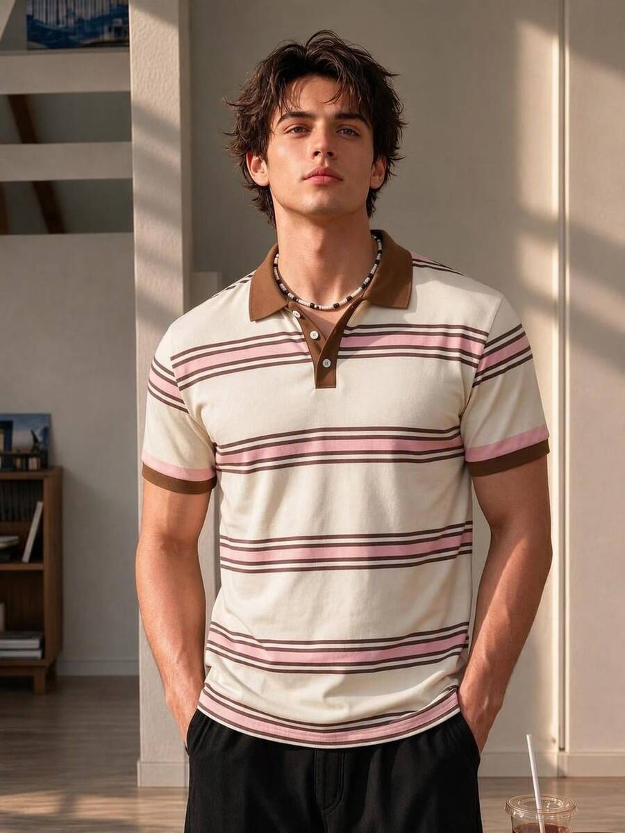 Resyla Men Fashionable Blue And White Striped Print Men's Short Sleeve Polo Shirt For Leisure Back-To-School Summer Casual Going Out Graduation Holiday Vacation - Multicolor - View 1